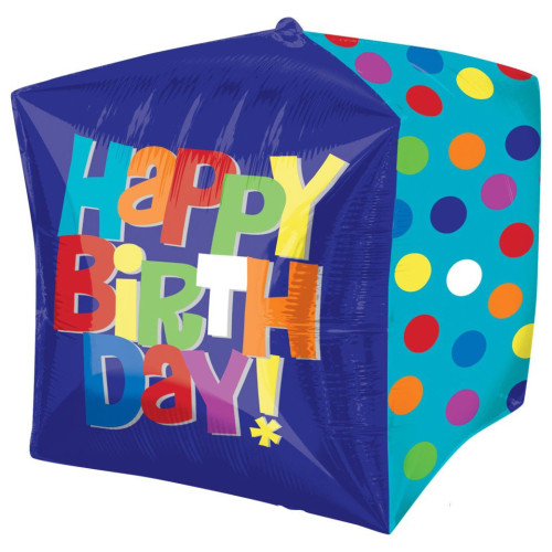 Кулька у формі куба з написом Happy birthday (яскравий горошок)