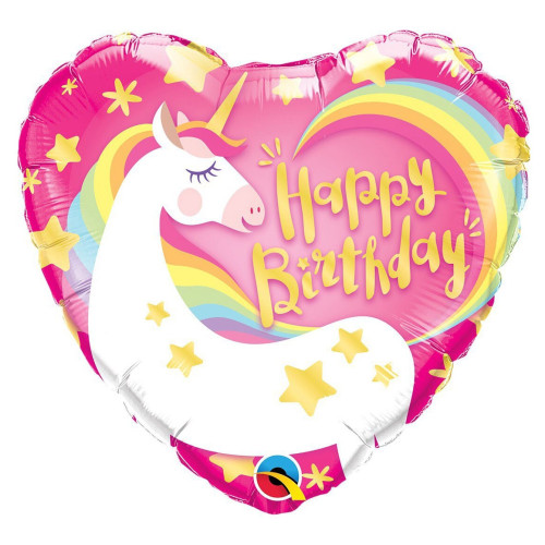 Фольгована куля у формі серця Happy birthday (єдиноріг)