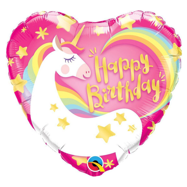 Фольгована куля у формі серця Happy birthday (єдиноріг)